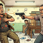 Ilustrasi karton penjaga villa di berondong pluru oleh penjaga Wisma (AI)